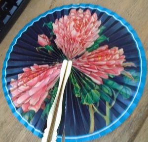 Vintage Foldaway Fan Flowers Midget Fan No 104 2Sides Keep Cool And Be Gay - Picture 1 of 14