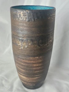 Striking Sarah Perry studio pottery bronze turquoise toned tall vase REPAIRED - Picture 1 of 12