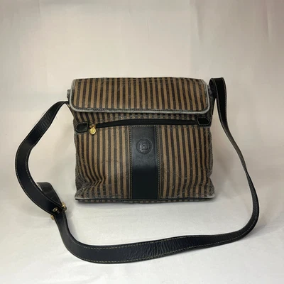 Vintage Fendi Pequin Stripe Shoulder Bag Brown/Black Canvas/Leather AUTHENTIC - Image 1 of 4