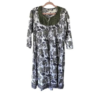 ANOKHI Hand Printed Green Purple White Fit n Flare Midi Dress Women's M - Picture 1 of 5