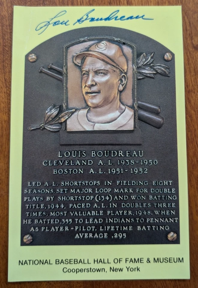 Lou Boudreau Autographed Hall of Fame Postcard - Yellow.  Deceased 2001 - Image 1 of 2