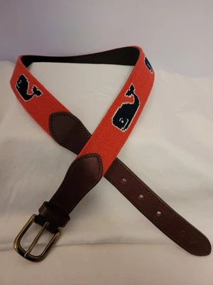 Cinturón tejido Vineyard Vines 36 naranja con logotipo azul y cierre de cuero Preppy Golf Foto 1 de 4