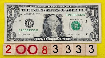 2008 Year Note Wild 3s B 20083333 D 2021 Fancy Serial Number One Dollar Bill DC - Image 1 of 4