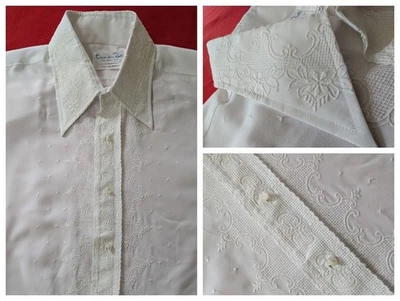 Sexy VGT 60s Mens Embroidered Lace Front 16.5X34 French Cuff White Tuxedo Shirt - Image 1 of 4