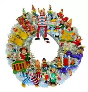 18" Handmade Vintage Wooden CLOWN Christmas Holiday Kitsch Ornament Wreath - Picture 1 of 7