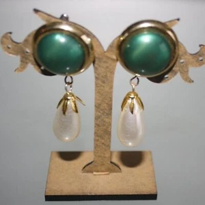 Women's Faux Pearl Green & Gold Fashion Dangle Earrings Jewelry Boho New - Picture 1 of 2