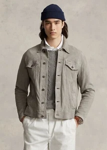 Men's Gray Suede Lambskin Leather Bomber Shirt Jacket Front Metal Buttons - Picture 1 of 7