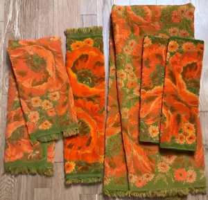 Fieldcrest 1970’s Towel Set 5 Poppy Floral Fringe Green & Orange Retro RARE #2 - Picture 1 of 14