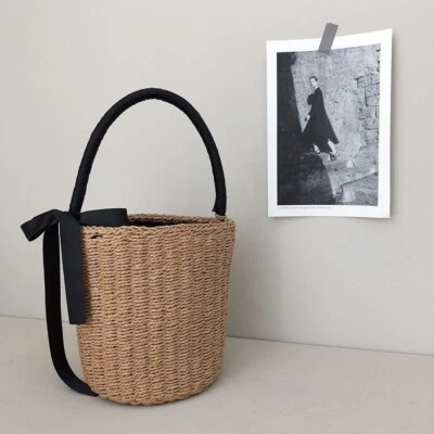 Summer straw beach bag women top handle Round bucket Bow holiday bag INS style - Image 1 of 4