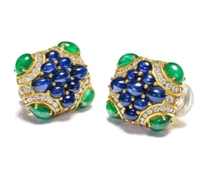Oval Cabochon Lab Sapphire and Emerald Cocktail Stud Earrings 925 Fine Silver - Picture 1 of 8