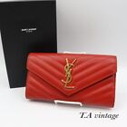 Saint Laurent Long Wallet YSL Monogram Large Flap Red Leather Gold Logo With Box
