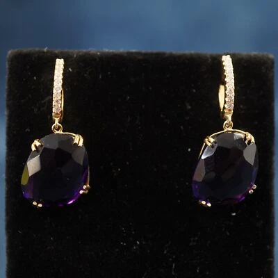 Pendientes colgantes Huggie de oro amarillo de 9k, amatista y piedra blanca - Envío gratuito EE. UU. Foto 1 de 4