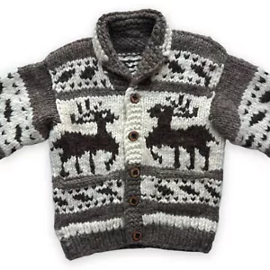 Mens Vintage Cowichan Wool Cardigan Jacket Chunky Knit Reindeer Christmas Xmas - Picture 1 of 6