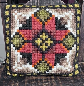 Vintage Handmade Retro Thick Needlepoint Crochet Geometric Throw Pillow 12x13 - Picture 1 of 15