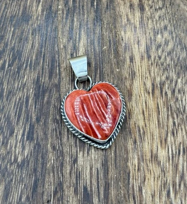 Navajo Handmade Sterling Silver Red Spiny Oyster Shell Heart Shaped Pendant - Image 1 of 3