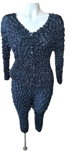 Vintage 90's bubble puffy popcorn Y2K 2 Pc Button Top Pants Black Suit Set B67 - Picture 1 of 6