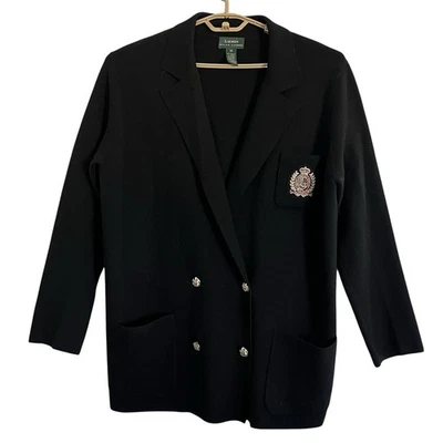 Ralph Lauren LRL Crest Cardigan Sweater Women SZ 1X Black Merino Wool Vintage - Image 1 of 4