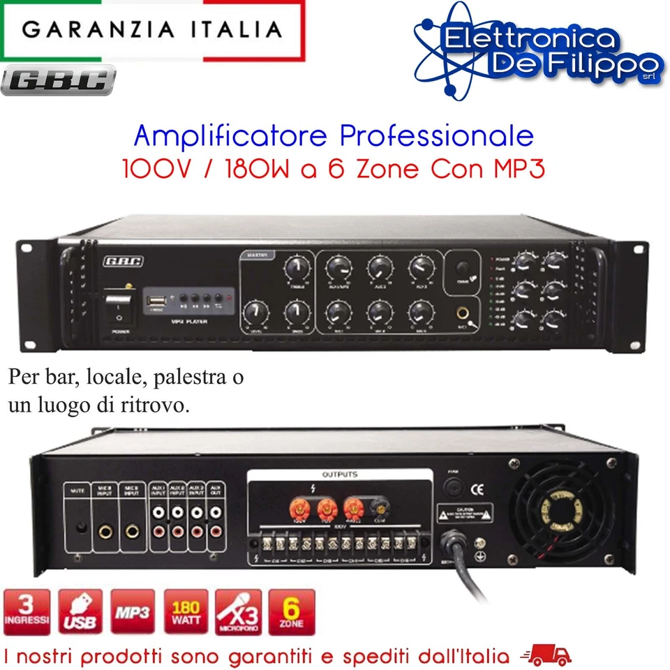 IMPIANTO AUDIO FILODIFFUSIONE AMPLIFICATORE USB 6 ZONE SEPARATE GBC 61611240 - Immagine 1 di 2