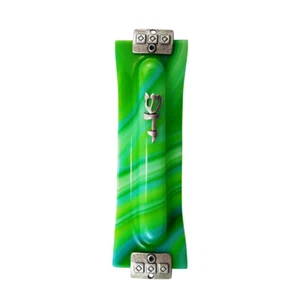 Mezuzah Glass Case HANDMADE Grn Blu Wht by Shachar Glass Art Israel - 2GS - Picture 1 of 6