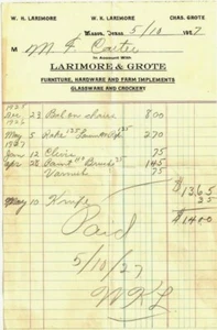 LARIMORE & GROTE 1927 MASON TEXAS BILLHEAD FURNITURE HARDWARE FARM IMPLEMENTS+ - Picture 1 of 2