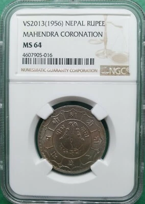 VS2013 (1956) NEPAL RUPEE  MAHENDRA CORONATION NGC MS 64 - Image 1 of 2