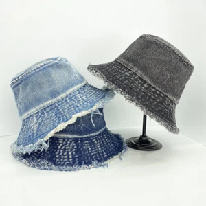 Men Women Washed Denim Bucket Hat Distressed Fisherman Cap Beach Sun Casual - Picture 1 of 11