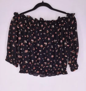 Express Floral Black Puff Sleeve Off the Shoulder Crop Top Women’s Size Medium - Picture 1 of 6