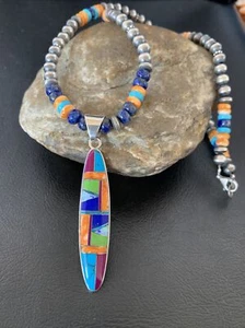 Turquoise & Spiny Oyster Inlay Pendant Navajo Sterling Silver Necklace 11637 - Picture 1 of 12