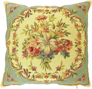 "BOUQUET" BELGIAN TAPESTRY CUSHION COVER, 18" X 18", 46 X 46CM, 01804/13 BLUE - Picture 1 of 7