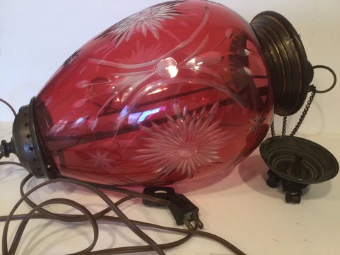 Vintage Ruby Cut Glass Electric Hanging Lamp Pendant Light w Pulley System Cover