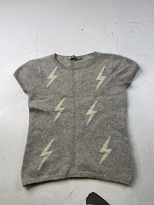 IN Cashmere Women’s Small Gray Short Sleeve Sweater Cap Sleeve Lightning Bolts - Picture 1 of 6