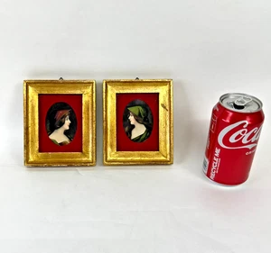 Victorian Miniature Portraits Florentia Italy Pair Gilt Gold Frames Vintage Art - Picture 1 of 8