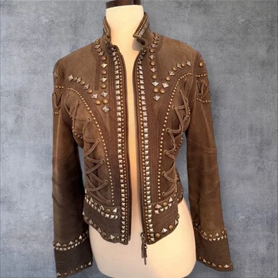 Chaqueta de cuero gris con tachuelas Double D Ranch para mujer Reg pequeña 💯 Bomber de cuero Foto 1 de 4