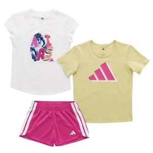 adidas Girl's (Kids) Whitet/Yellow/Pink Tees/Short Set 3-PC (1347602) Sz 2/5/6/7 - Picture 1 of 7