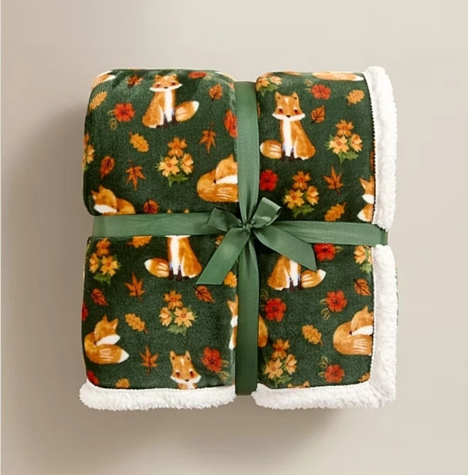 AUTUMN FOX GREEN SHERPA FLEECE THROW BLANKET 120x150cm Christmas Gift - Image 1 of 1