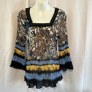 Ladies Pleated Stretchy Bell Sleeve Boho Paisley Print Square Neck Blouse Sz Sm - Picture 1 of 9