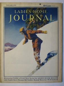 Vtg Maxfield Parrish Ladies Home Journal 1931 woman on snow skis complete - Bild 1 von 4