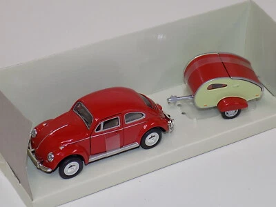1/43 Schuco Volkswagen Bettle IN Rosso Con Rimorchio 27001 - Immagine 1 di 4