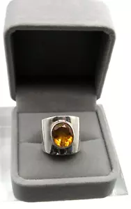 STERLING SILVER WIDE BAND RING W/ OVAL BEZEL SET CITRINE STONE SIZE 8 - Picture 1 of 7