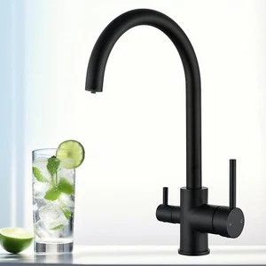 Three Way Water Filter Tap 3 in 1 Kitchen Mixer, Swivel,Brass, Dual Lever, Black - Picture 1 of 8