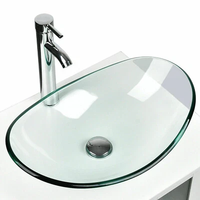 T.O.P. Bathroom Vessel Sink Tempered Glass Counter Top Oval Basin Bowl Popup Faucet Set