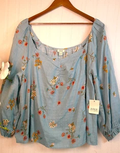 a.n.a Sky Blue Floral Blouse Cotton Blend Long Sleeve-Women's 3XL NWT/RTL $49 - Picture 1 of 10