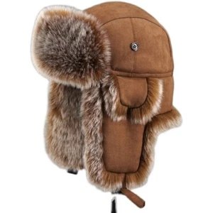 Trapper Mütze Kappe Ski Uschanka Kosake Herren Kunstfell Wildleder Leder Winter braun - Bild 1 von 9