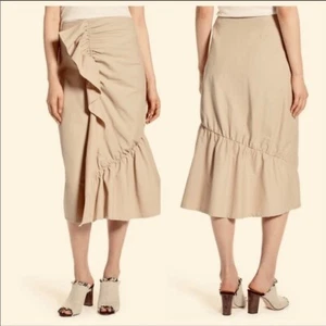 Halogen womens midi skirt size 8 ruffled front tan mimimlist - Picture 1 of 7