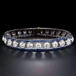 Round Cut Simulated Diamond & Sapphire Tennis Bracelet 14k White Gold Plated - Picture 1 of 4