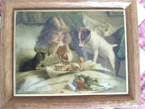 "SUSPENSE" by Barber Framed Tile Kimberly Enterprises Girl Praying, Dog, Kitten - Picture 1 of 3