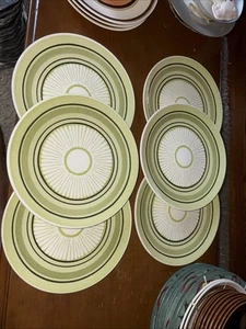 6 Taylor Smith Taylor Ironstone Vintage GREEN SPAN DINNER PLATES 10 1/2" - Picture 1 of 15
