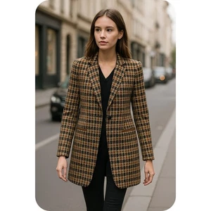 Neu ohne Etikett Tommy Hilfiger Damen braun Hahnentrittmuster Longline Blazer Jacke Mantel 10 - Bild 1 von 15