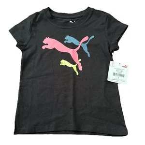 Puma Girls Logo T-shirt Black With Neon Pink Size 4 NWT - Picture 1 of 4