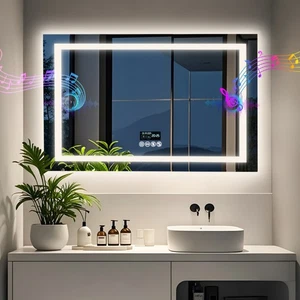 LUVODI Bluetooth Bathroom Mirror Smart Digital Display Vanity Mirror with Lights - Picture 1 of 17